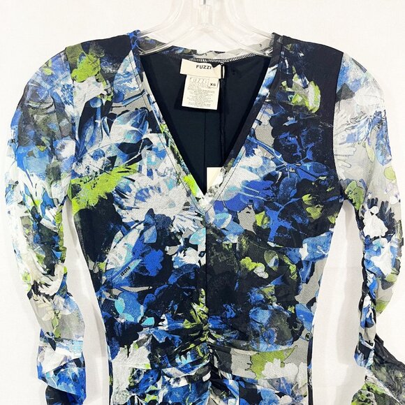 NEW Fuzzi Floral Mesh Midi Dress Ruched Sleeves V-Neck Black Blue Artsy Size XS - Picture 3 of 8